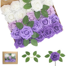 50PCS Purple Foam Roses – Realistic Artificial Flowers with Leaves for DIY Wedding Bouquets, Bridal Shower & Party Decor (Compatible with Purple