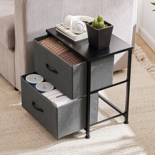 Nightstand Set of 2 Grey Fabric-Drawer Side Tables 2