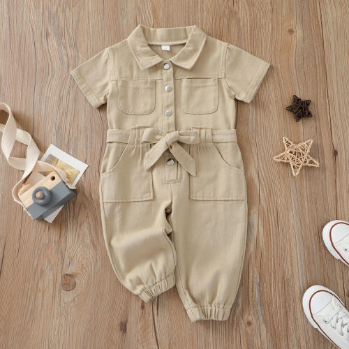 Toddler Jumpsuit Denim Solid Color Button-Down Collar 1-5 1