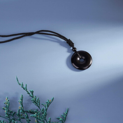 Collier pendentif donut en cristal d'obsidienne noire ajustable 1