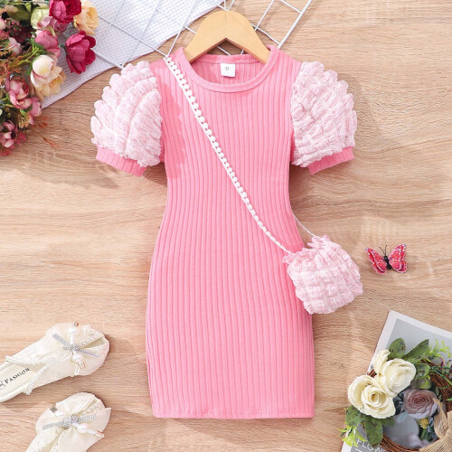 Mädchen-Strickkleid mit Puffärmeln, rosa, Größe 4T 1