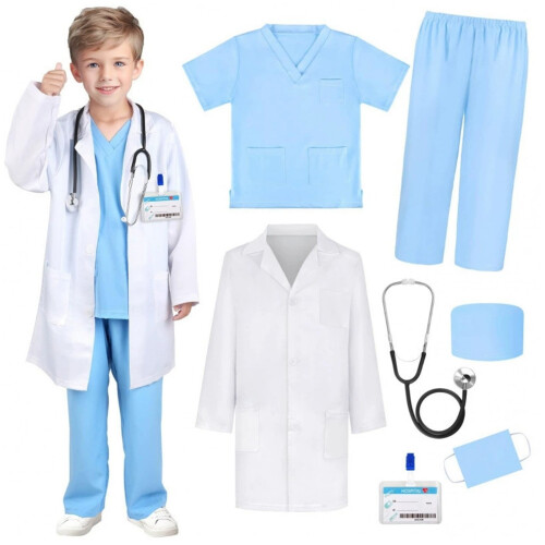 Kinderdoktersoutfit: witte laboratoriumjas met blauwe accenten 1