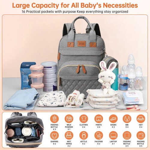 Diaper Bag Backpack Grey with Changing Station USB Port 1