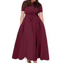 Damen-Swingkleid in Übergröße, einfarbig, Rundhalsausschnitt, kurze Ärmel