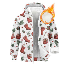 Men's Fleece-Lined Hooded Jacket Christmas Print White XXL