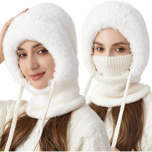 Conjunto feminino 3 em 1 de gorro, cachecol e máscara de tricô 2