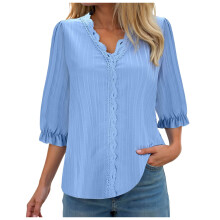 Women's T-Shirts Loose Fit V-Neck Color Block Blue XL