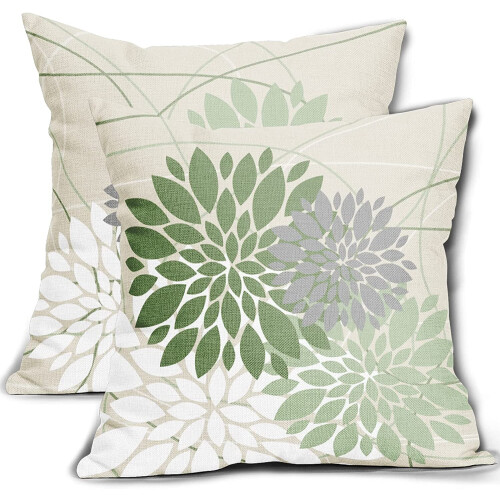 Conjunto de 2 capas de almofada florais verde-sálvia em linho, 40x40cm (16x16 polegadas).