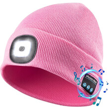 Pletená čepice Beanie s Bluetooth a 4 LED čelovkou růžová