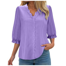 Women's T-Shirts Loose Fit V-Neck Color Block Top Purple XL