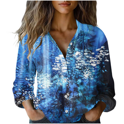 Women's Long Sleeve Boho Floral Top V-Neck Button-Down