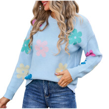 Women's Sweater Flower Print Crewneck Long Sleeve