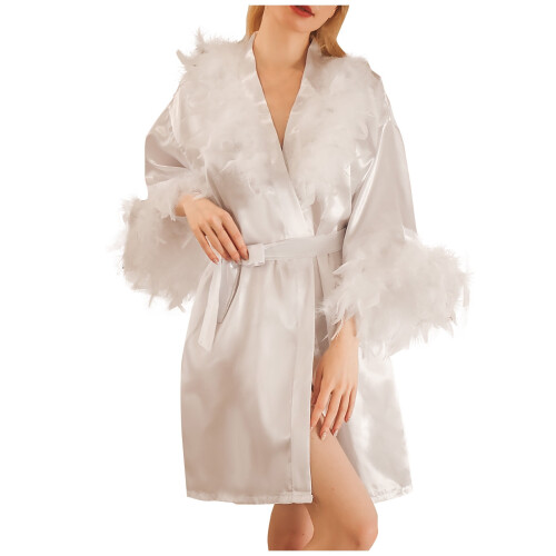 Women's lightweight robe with feather trim white XL