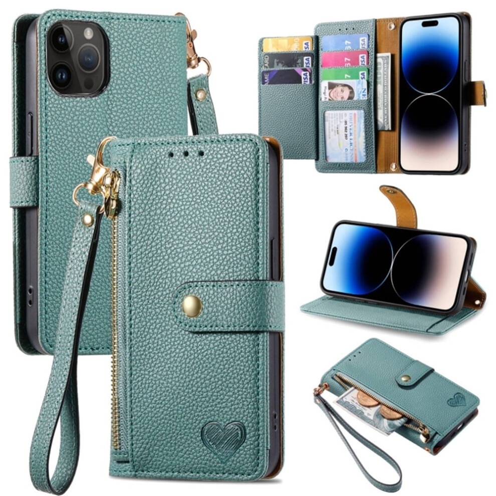 Iphone 15 Pro Max Leather Wallet Case With Zipper Green 9418476979644