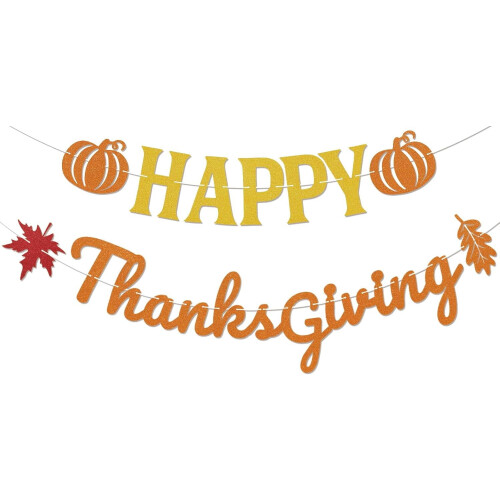 Thanksgiving Banner Fall Mantle Decor Gold Orange Glitter