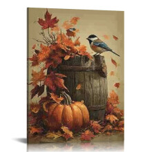 Autumn Pumpkin & Bird Canvas Wall Art – 12x16in, for Living Room, Bathroom, Bedroom, Office Decor