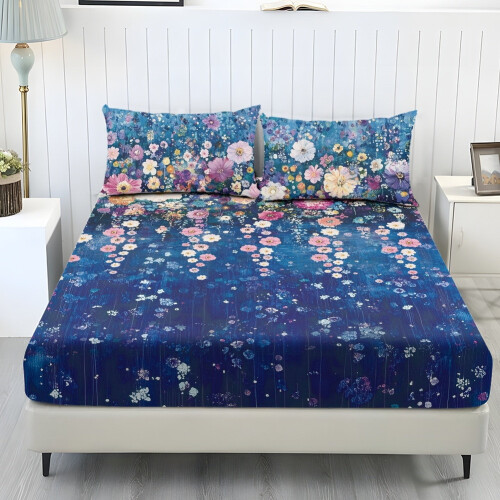 Twin XL Sheet Set Soft Cooling Polyester Dark Blue Floral