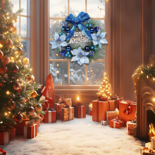 Handmade Christmas Flower Wreath with Warm White Lights, 11.8"x11.8", Indoor/Outdoor Door/Wall Decoration – Compatible with Holiday Decor