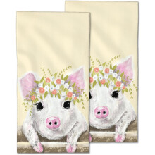 Pig & Floral Wreath Hand Towels 14x28 Inch 2 Pack