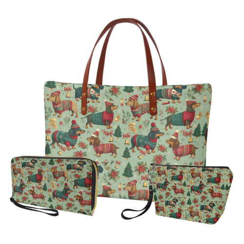 Teckel kerstboom PU leren schoudertas set met