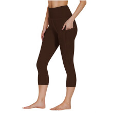 Női magas derekú edzőleggings zsebekkel, barna, XL méret