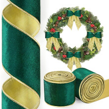 2 Rolls 20 Yards Green & Gold Reversible Wired Velvet Ribbon, 2.5", for Gifts, Wreaths, DIY Crafts – Compatible with Christmas Decor