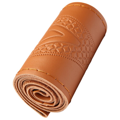 Hand-sewn leather steering wheel wrap brown 38cm embossed