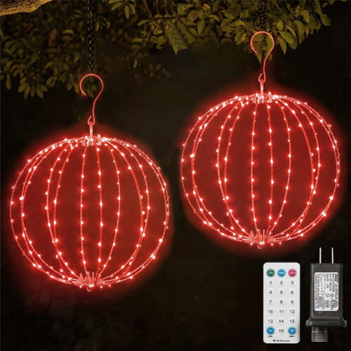 LED Christmas Light Balls 12 inch Foldable 2 Pack Red