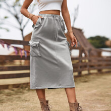 Dame Denim Utility Nederdel med Elastisk Talje og A-Line Mini Nederdel