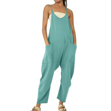Women's Denim Jumpsuit V-Neck Sleeveless with Pockets Green