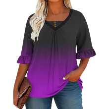 Damblus med ombre-tunika, v-ringad, volangärm, knallrosa
