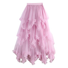Women's Pink A-Line Tulle Skirt with Ruffles and Mesh Layers