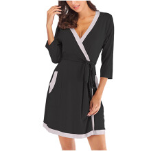 Women's Cotton Short Robe 3/4 Sleeve Color Block Wrap