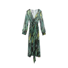 Plus - Size Women's Summer Dress. Elegant floral leaf print, long sleeves. Lace - up maxi beach dress