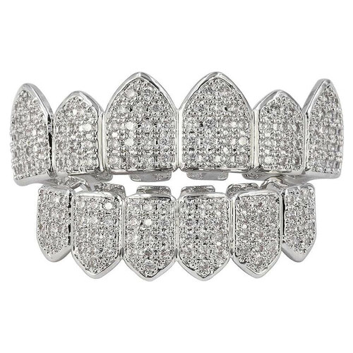 Silver Plated Cubic Zirconia Mouth Teeth Pair