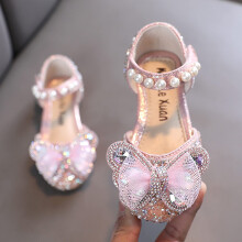 Sandali da bambina, scarpe eleganti con paillettes, perle, rete e fibbia a fiocco.