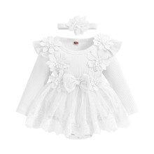 Baby girl romper dress with lace and flowers, white,