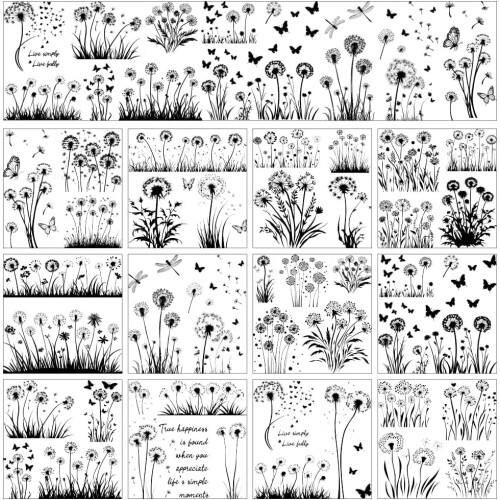 Rub-On Transfer Stickers Black White Dandelion Butterfly