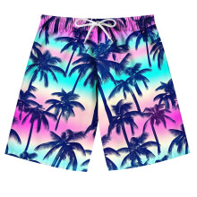 Kids Swim Trunks Hawaiian Palm Print Elastic Waist 7-14