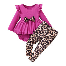 Girls Leopard Print Long Sleeve Top and Pants Set Red 3-4