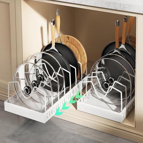 Pull-Out Pot Pan Organizer, Sliding Cabinet Storage Box for Lids, Baking Tools, Plates with 8/16 Adjustable Dividers, Kitchen Rack 2