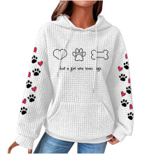 Felpa con cappuccio a nido d'ape da donna con stampa a cuore e zampa di cane.