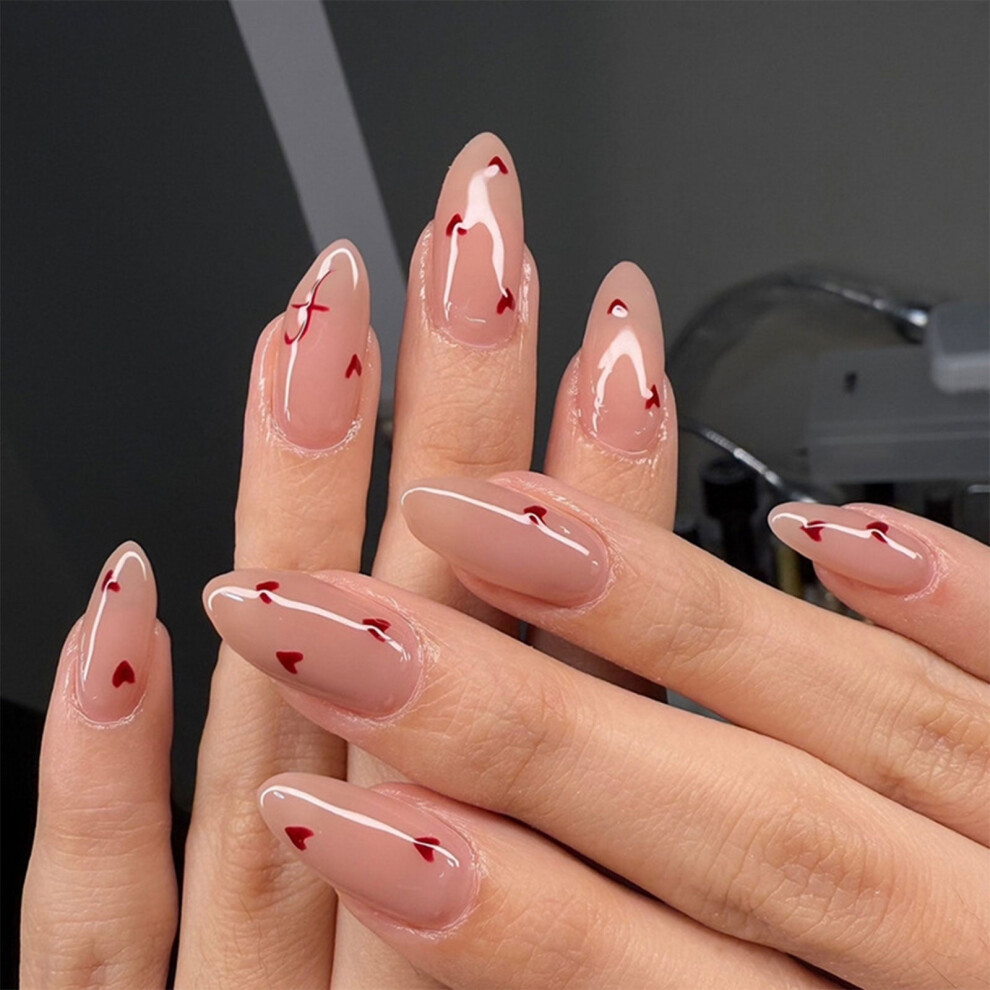 Almond False Nails Heart Design Glossy 24 Pcs