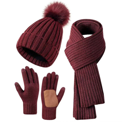 Set composto da cappello, sciarpa e guanti in maglia, colore rosso, foderato in pile, touchscreen.
