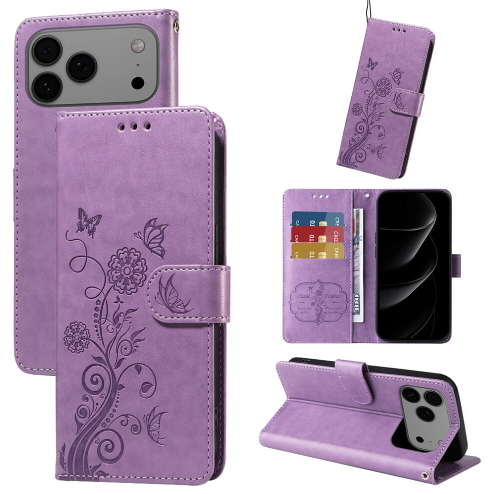 Butterfly Flower Flip Leather Case For Iphone 17 Pro Purple 9180435657695
