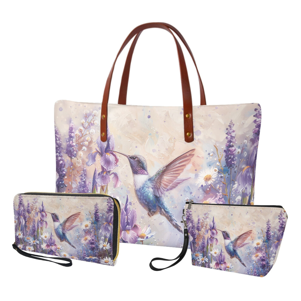 Hummingbird Daisy Lavender PU Leather Handbag Set with
