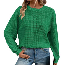 Women's Waffle-Knit Long Sleeve Pullover Sweater