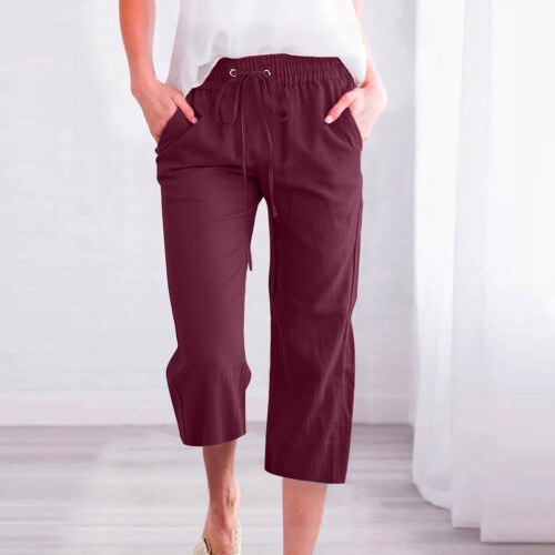 Women's Linen Blend Capri Pants with Pockets, Wine, M 2