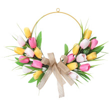 Couronne de tulipes artificielles en soie et rotin, demi-cercle, feuilles vertes.