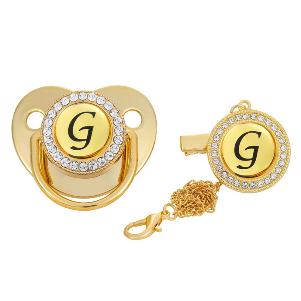 Baby pacifier with rhinestone gold clip and personalized